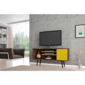 Manhattan Comfort Liberty 53.14" Mid-Century Modern TV Stand with 5 Shelves and 1 Door in Rustic Brown and Yellow with Solid Wood Legs