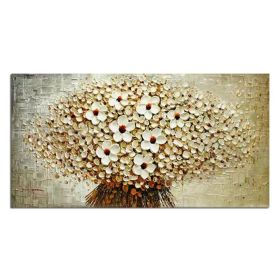 100% Hand-painted modern home decor wall art picture a bunch of beige flowers thick paint palette knife oil painting on canvas (size: 40x80cm)