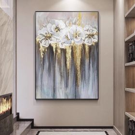 Foil golden flowers hand painted oil painting on canvas abstract large painting wall picture for home office decor (size: 90X120cm)